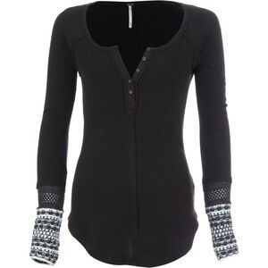 Free People Ski Lodge Newbie Cuff Black Stretch Henley Thermal Top - Size: Small